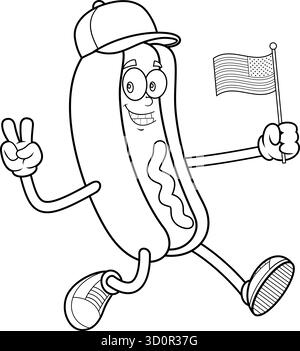 Personnage mascotte Hot Dog Cartoon en cours d'exécution avec drapeau américain faisant un geste de paix en noir et blanc - illustration vectorielle dessinée à la main Illustration de Vecteur