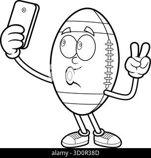 Drôle mascotte de football américain prenant Selfie Coloriage page - illustration vectorielle dessinée à la main isolée sur fond transparent Illustration de Vecteur