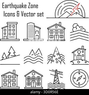 Jeu d'icônes de zone sismique, symbole d'activité sismique, catastrophe naturelle et illustration d'avertissement de sécurité Illustration de Vecteur