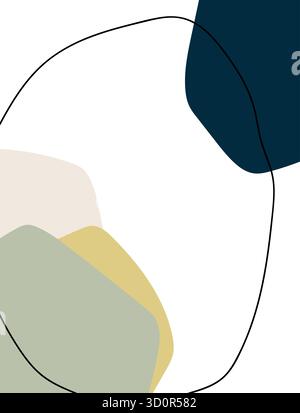Superposition de formes abstraites dans des tons verts, jaunes, beiges et bleu foncé avec des lignes fines. Illustration de Vecteur