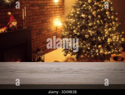 Table en bois vide dans la chambre décorée pour Noël. Espace pour le design Banque D'Images
