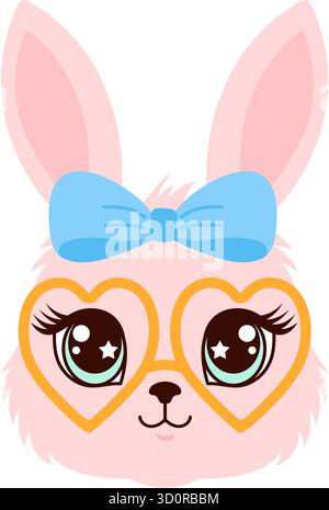 Jolie illustration de visage de lapin rose avec un noeud bleu et des lunettes jaunes. Illustration de Vecteur