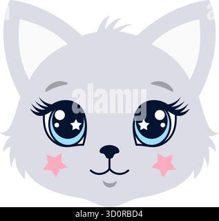 Illustration de visage de chaton gris mignon avec de grands yeux. Vecteur adorable pour les vêtements pour enfants, les autocollants, le décor de pépinière et les impressions. Illustration de Vecteur