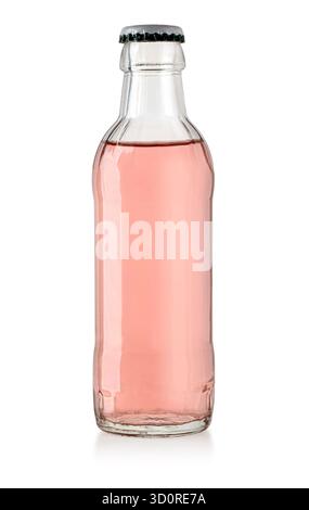 Bouteille en verre contenant du liquide carbonaté rose avec un bouchon argenté Banque D'Images