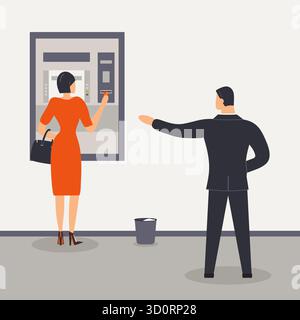 Dame en rouge reçoit de l'argent au guichet automatique de la banque. Le gardien bancaire aide le client à retirer de l'argent au guichet automatique. Illustration raster Banque D'Images