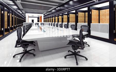 Un rendu 3D d'une salle de conférence ou d'une salle d'exposition spacieuse et moderne avec une longue table blanche réfléchissante entourée de chaises de bureau en maille noire. Le wa Banque D'Images