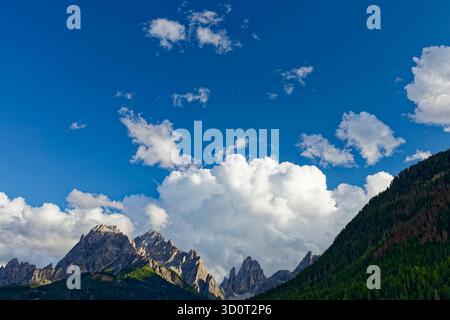 Tre Cime di Lavaredo avec des nuages blancs bouffés et forêt alpine, Dolomites, Italie Banque D'Images