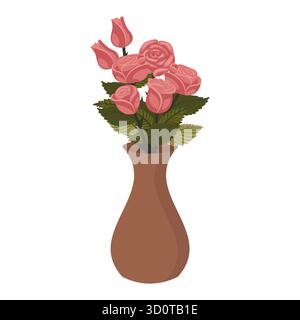 Un bouquet de roses roses poussiéreuses dans un vase en céramique. Un ensemble de cinq fleurs et deux bourgeons. Illustration vectorielle sur un fond blanc. Illustration de Vecteur