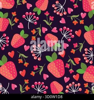 Motif sans couture de baies avec fraise et fleurs dans un design plat. Illustration vectorielle simple. Illustration de Vecteur