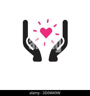 Icône de contour isolé noir de coeur dans les mains sur fond blanc. Icône de ligne de cœur et de mains. Symbole de soin, d'amour, de charité.illustration de charité Illustration de Vecteur