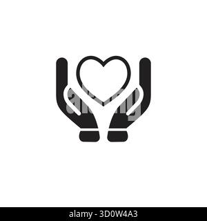 Icône de contour isolé noir de coeur dans les mains sur fond blanc. Icône de ligne de cœur et de mains. Symbole de soin, d'amour, de charité.illustration de charité Illustration de Vecteur