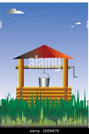 Illustration d'un puits d'eau en bois avec un seau en métal suspendu au-dessus de l'herbe verte par une journée ensoleillée Illustration de Vecteur