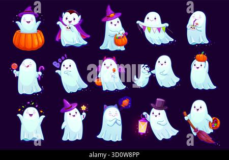 Personnages vectoriels fantômes Kawaii de dessin animé Halloween Illustration de Vecteur