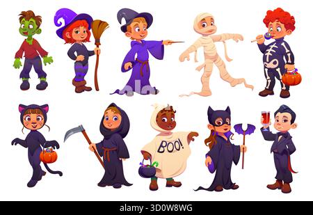 Dessins animés Halloween Kids personnages en costumes Illustration de Vecteur