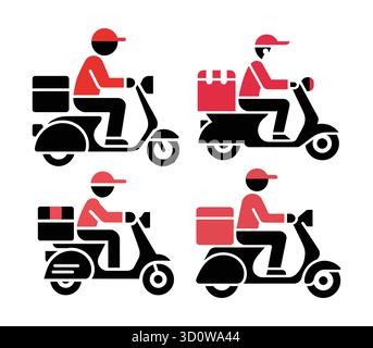 Collection d'icônes de livraison de restauration rapide et de service de messagerie, conducteur de scooter. Illustration de Vecteur