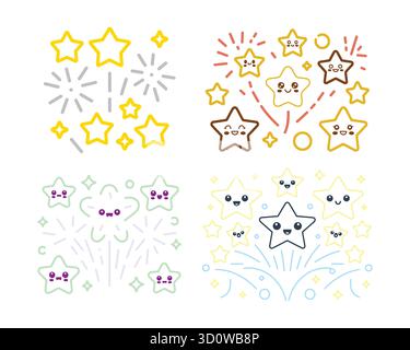 Collection d'étoiles de bande dessinée mignonnes et de feux d'artifice, icônes de mascotte de célébration. Illustration de Vecteur