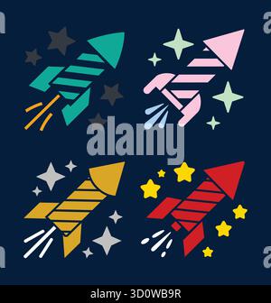 Collection de fusées de feu d'artifice et d'étoiles, symboles pour la célébration et le nouvel an. Illustration de Vecteur