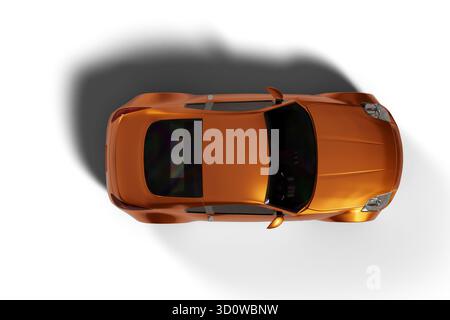 Image en 3D d'une voiture de sport orange, capturée depuis une vue plongeante de haut en bas sur fond blanc, mettant en valeur son design élégant Banque D'Images