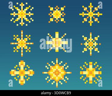 Icônes d'étoile Pixel art. Éléments bitmap. Étincelles rétro Y2K et décoration pailletée. Scintillements géométriques magiques jaunes. Illustration abstraite vectorielle brillante Illustration de Vecteur