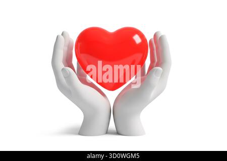 rendu 3d des mains blanches tenant doucement un cœur rouge brillant symbolisant l'amour et le soin, isolé sur fond blanc. Banque D'Images