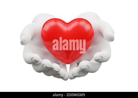 rendu 3d des mains blanches tenant doucement un cœur rouge brillant symbolisant l'amour et le soin, isolé sur fond blanc. Banque D'Images
