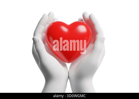 rendu 3d des mains blanches tenant doucement un cœur rouge brillant symbolisant l'amour et le soin, isolé sur fond blanc. Banque D'Images