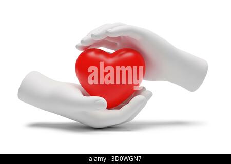 rendu 3d des mains blanches tenant doucement un cœur rouge brillant symbolisant l'amour et le soin, isolé sur fond blanc. Banque D'Images