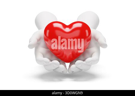 rendu 3d des mains blanches tenant doucement un cœur rouge brillant symbolisant l'amour et le soin, isolé sur fond blanc. Banque D'Images