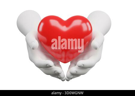 rendu 3d des mains blanches tenant doucement un cœur rouge brillant symbolisant l'amour et le soin, isolé sur fond blanc. Banque D'Images