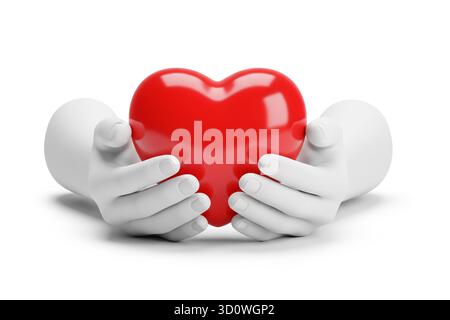 rendu 3d des mains blanches tenant doucement un cœur rouge brillant symbolisant l'amour et le soin, isolé sur fond blanc. Banque D'Images