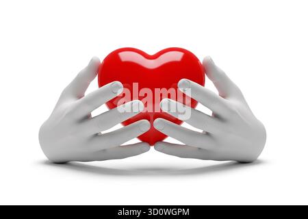 rendu 3d des mains blanches tenant doucement un cœur rouge brillant symbolisant l'amour et le soin, isolé sur fond blanc. Banque D'Images