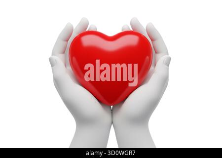 rendu 3d des mains blanches tenant doucement un cœur rouge brillant symbolisant l'amour et le soin, isolé sur fond blanc. Banque D'Images
