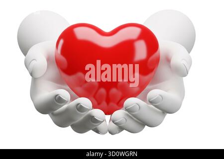 rendu 3d des mains blanches tenant doucement un cœur rouge brillant symbolisant l'amour et le soin, isolé sur fond blanc. Banque D'Images