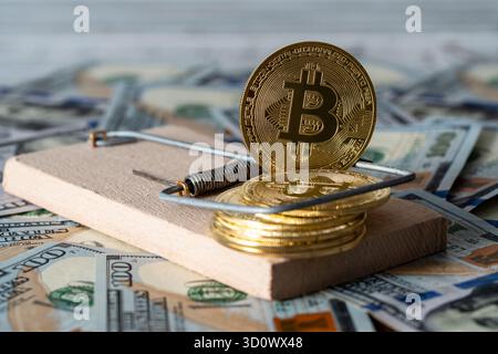Golden crypto-monnaie coins bitcoin dans un piège à souris sur le fond de US billets de 100 dollars, gros plan. Arnaque ou concept de fraude de crypto-monnaie Banque D'Images