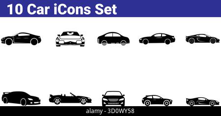 Ensemble de 10 icônes de voiture noires montrant différents types de véhicules et vues Illustration de Vecteur