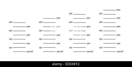 Jeu de volumes liquides de 450, 500, 550, 600 ml pour balances. Mesure millilitres tasse, pichet à la préparation de la cuisson. Modèles graphiques isolés sur fond blanc. Illustration de Vecteur