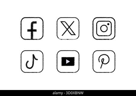 Ensemble d'icônes de médias sociaux dessinées à la main mettant en vedette des plates-formes populaires dans un style texturé grungy pour les projets de conception numérique. Illustration de Vecteur