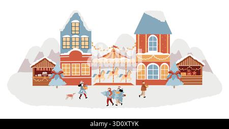 Parc d'attractions d'hiver, marché de Noël, ville d'hiver, rue de Noël. Foire de Noël, carrousel avec des chevaux, gens avec des cadeaux, maisons d'hiver. Illustration vectorielle plate dessinée à la main. Composition avec un paysage d'hiver isolé sur un fond blanc Illustration de Vecteur