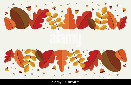Bordure d'automne festive avec un espace de copie avec des feuilles colorées, glands, champignons et étincelles adaptées aux cartes de voeux. Illustration de Vecteur