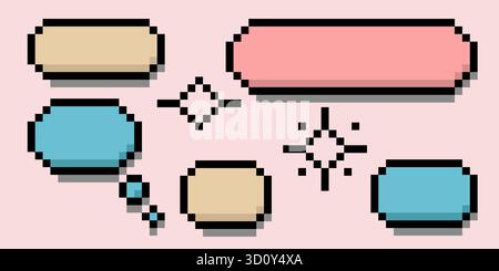 Pixel art discours et bulles de pensée dans des tons pastel doux. Boîtes parlantes rétro 8 bits et cadres de dialogue pour l'interface utilisateur de jeux vidéo, les graphiques d'applications mobiles ou Illustration de Vecteur