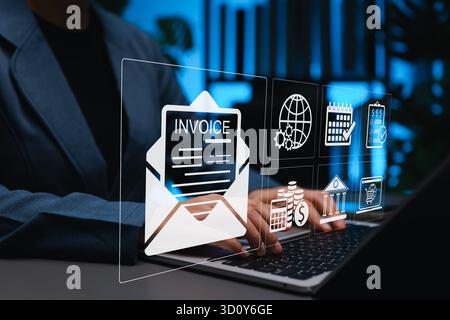 Homme d'affaires utilisant le système de facturation numérique sur ordinateur portable représentant la facturation en ligne, la technologie financière, e-facture, la gestion, le paiement automatisé, Banque D'Images