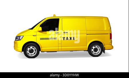 Service de taxi. Voiture jaune avec logo et signe supérieur isolé sur blanc, vue latérale Banque D'Images