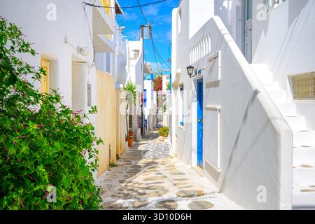Ruelle étroite blanchie à la chaux dans la ville de Mykonos, Grèce. Banque D'Images