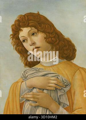 BOTTICELLI, Sandro (1445, Firenze, d. 1510, Firenze) tête d'un ange 1495-1500 huile sur panneau, transférée sur toile, posée sur panneau, 42 x 32 cm Collection privée cette représentation d'un ange, tête et épaules, est un fragment qui faisait autrefois partie d'un tondo, représentant très probablement la Vierge à l'enfant avec Saint Jean Baptiste et un Ange. --- mots-clés : ------------- Auteur : BOTTICELLI, Sandro titre : Head of an Angel chronologie : 1451-1500 École : italienne forme : peinture type : religieux Banque D'Images