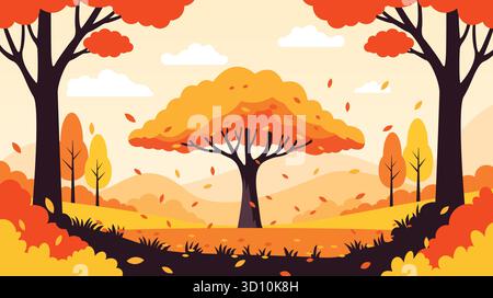 Paysage d'automne avec des arbres et des feuilles qui tombent dans une forêt avec fond de montagnes Illustration de Vecteur