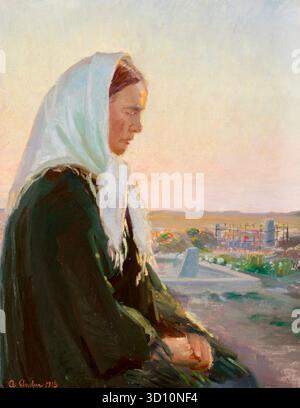 Anna Ancher - sur la tombe - 1913 - représente une femme portant un foulard blanc et une robe sombre, assise dans un cimetière avec ses mains pliées sur ses genoux. Le fond montre un cimetière avec des tombes et des pierres tombales sous un ciel lumineux avec un horizon lointain. Le visage de la femme est partiellement dans l'ombre, et elle a une expression pensive ou douloureuse. L'œuvre d'art est un portrait qui est censé avoir été inspiré par un rêve que l'artiste a eu au sujet d'une mère et d'une fille dans une tombe. Banque D'Images