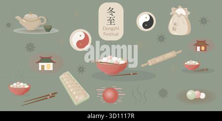 Solstice d'hiver asiatique à motif plat. Icônes vectorielles avec tangyuan, théière et baguettes. Illustration chinoise pour invitations, modèles, cartes Illustration de Vecteur
