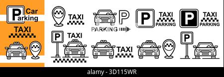 Station de stationnement de voiture de service de taxi, parking de cabine automatique place panneau de route. Aire d'arrêt du parking automobile du taxi. Lieu de transport public de passagers de la ville. Vecteur Illustration de Vecteur