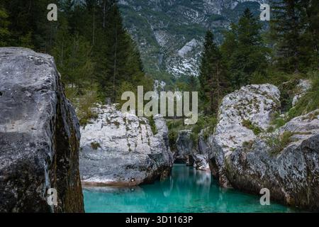 Une vue de la rivière vert émeraude Soca qui coule à travers la Grande gorge de Soca entre des roches grises dans la municipalité de Bovec, Slovénie. Banque D'Images