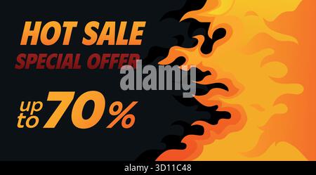 Modèle de bannière d'offre spéciale de vente chaude. Super vente Black Friday promotion flammes de feu sur fond noir. Illustration de Vecteur